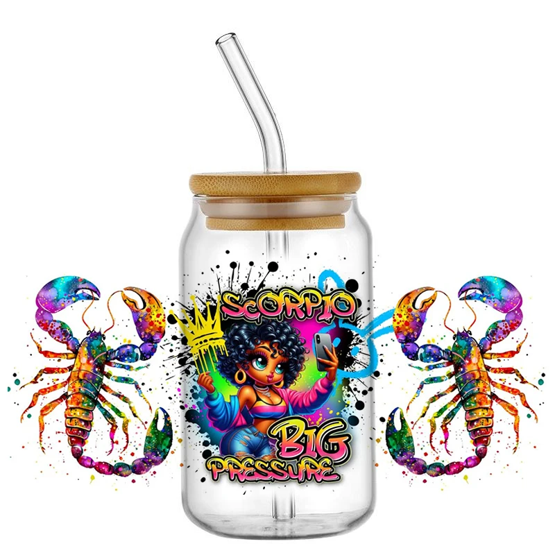 cartoon black women 12 Zodiac UV DTF cup wrap transfer stickers For 16OZ Coffee Glass Can Waterproof DIY Custom Logo
