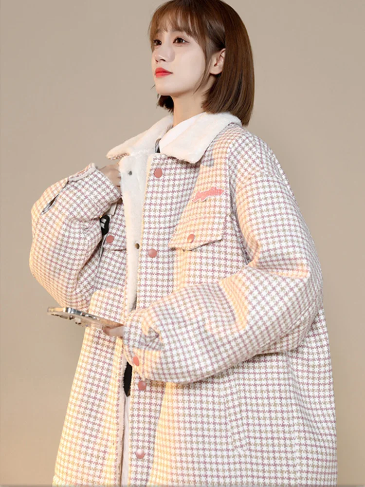 2023 Winter Women's Waterproof Parka Casual Warm Snow Jacket Lamb Wool Collar Plaid Coat Thickened Cotton Coat