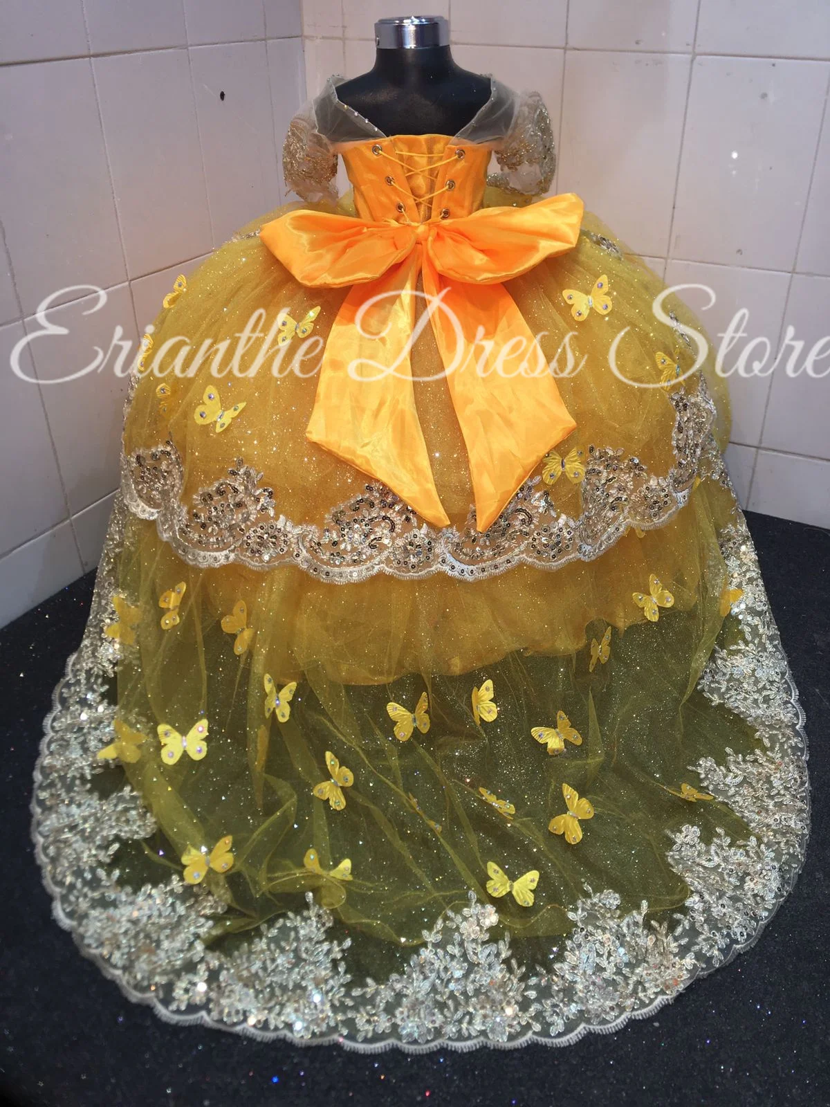 فستان فتاة الزهور الصفراء لحفلات الزفاف من التول مزين بالدانتيل بطبقات للأطفال وحفلات أعياد الميلاد الأولى فستاين سهرة/فساتين الحفلات حسب الطلب