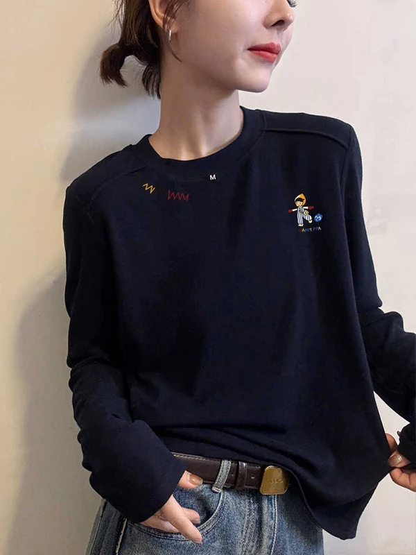 Bianco lungo Sve rotondo Ne Base irt Donna Autunno Faion Design semplice Cartoon Body Tee Sli Versatile Top alla moda