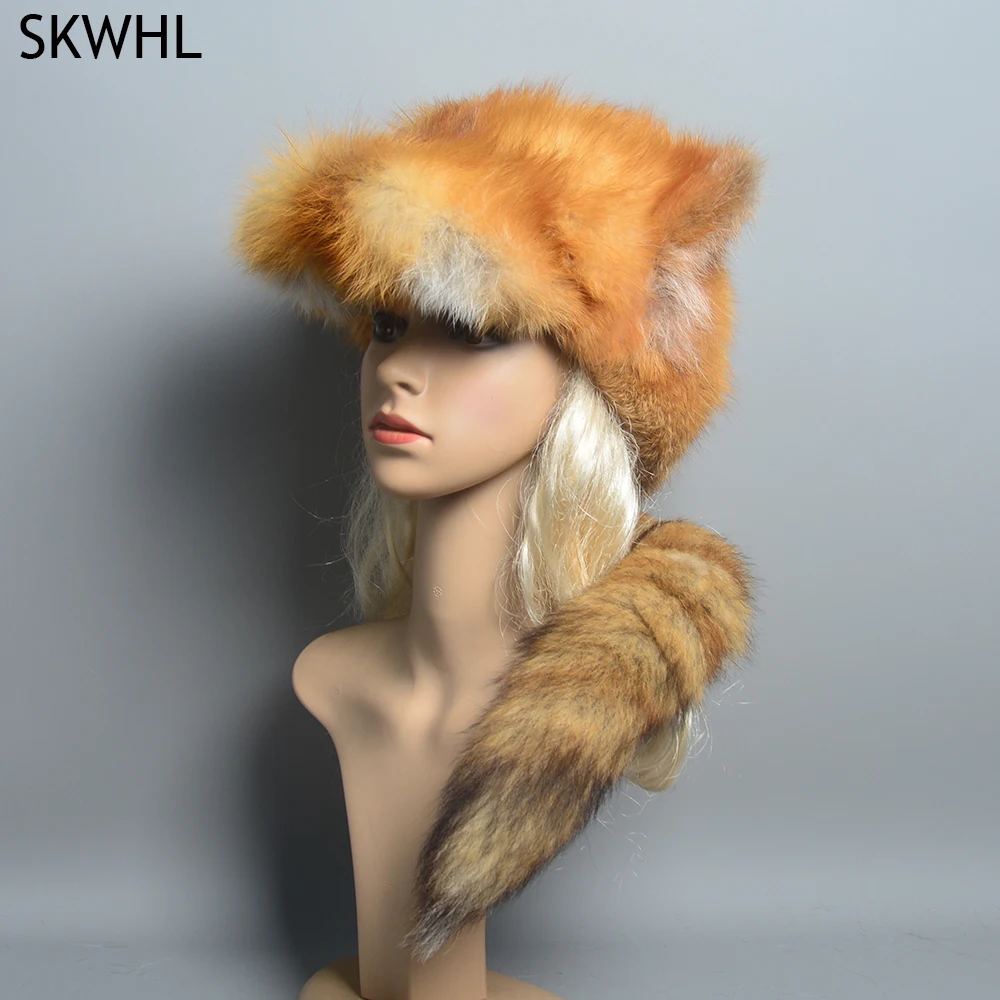 Natural Fox Fur Russian Hat Ushanka Women Winter Warm Fluffy Popular Style Female Tail Cap Fashion Real Fur Hats