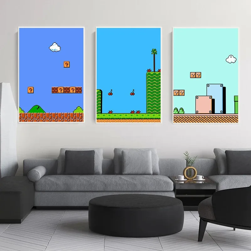 الرجعية الكلاسيكية لعبة بكسل المشارك الحنين الألعاب سباك M-ماريو خريطة حائط لوح رسم صورة فنية لغرفة اللاعب ديكور المنزل
