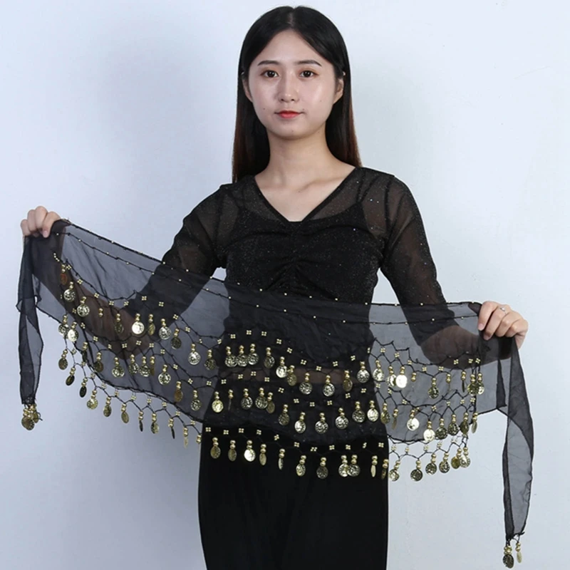 Belly Dance Belt for Women Chiffon Gold Coines Oriental Dancing Wear Accessies Girl's Chiffon Silver Coines Bellydance Hip Scarf