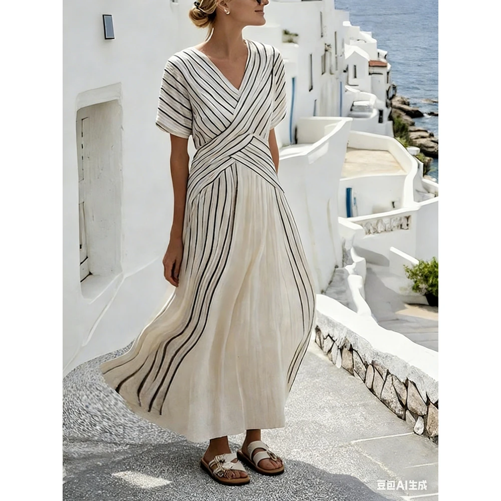 

Boho Striped Maxi Dress for Women V Neck Short Sleeve Cross Wrap Flowy Summer Beach Dress Casual Daily Vacation Party Long Dress