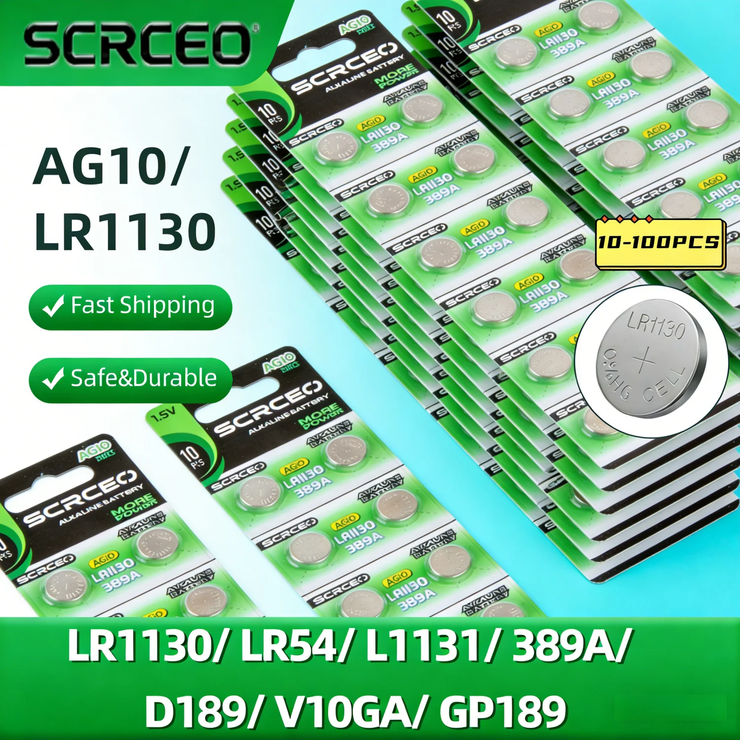 

10 шт. щелочных кнопочных батареек AG10/LR1130, замена для LR54, L1131, 389A, V10GA, для часов и калькуляторов, батарейки типа «таблетка»