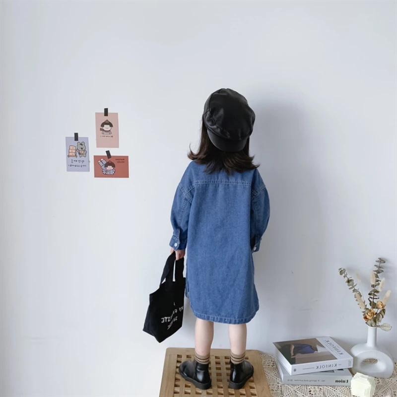 Girls Dress New Spring Autumn Long-Sleeve Solid Color Denim Casual Loose Pocket Toddler Kids Clothes Korean Style Clothes 2-6Y