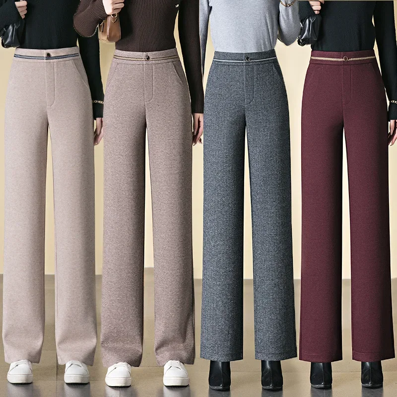 2025 Autumn Winter New Angora Red Wool Tweed Commuter Wide-legged Pants Women, High-waisted Thin Warm Straight Femme Trousers