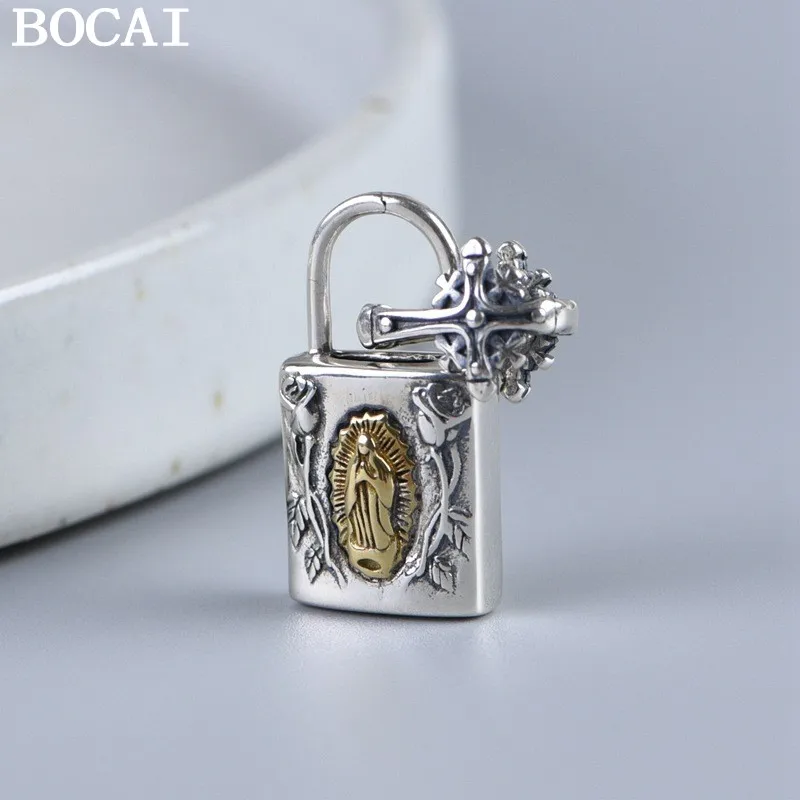BOCAI NEW S925 Silver Retro Simplicity Double Hand Prayer Cross Rose Pendant Male and Female Gifts