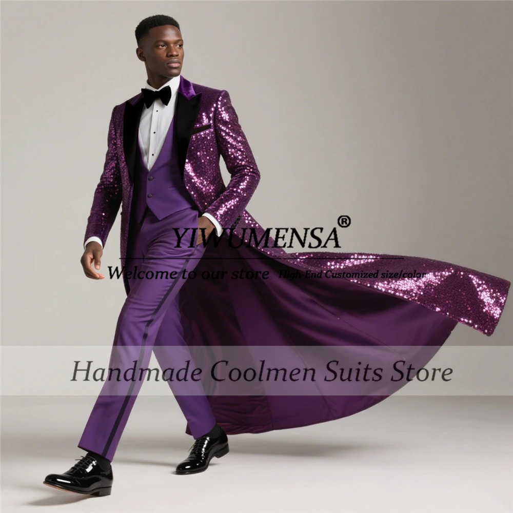 Sparkly Sequins Suits Men 3 Pieces Sets Black Peaked Lapel Groom Blazers Long Tail Customized Wedding Tuxedo costumes homme 2026