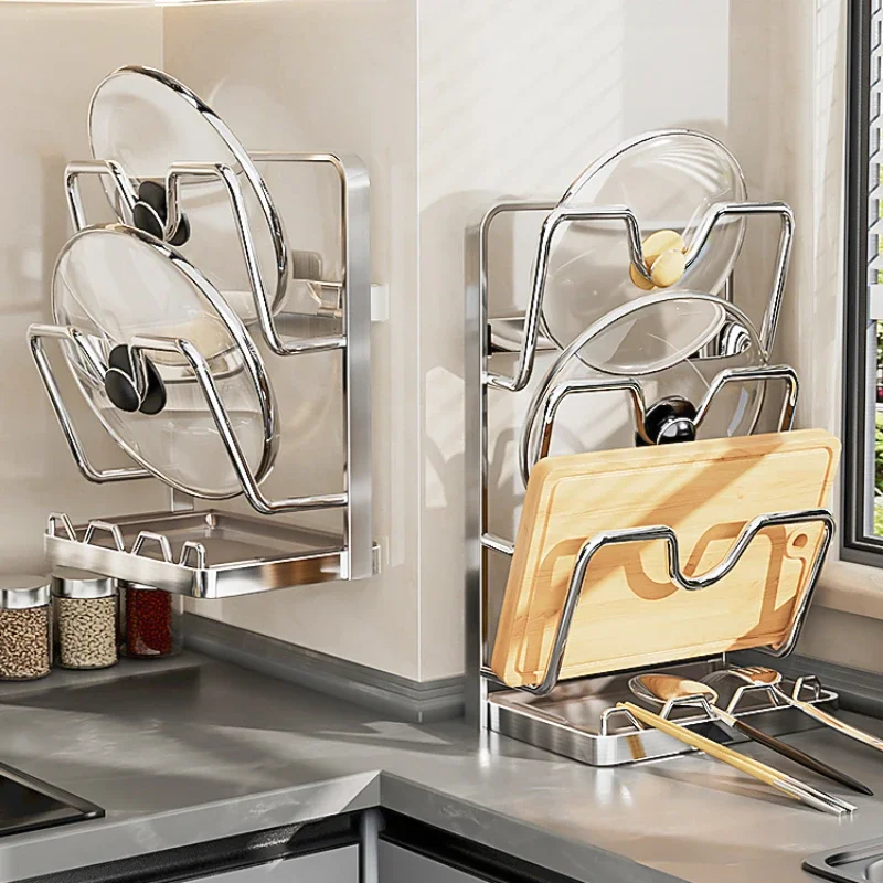 

Stainless Steel Anti-fall Pot Lid Rack Wall Mounted Pan Cover Holder Cutting Board Storage Shelf Punch-free 3 Layer Drain Holder