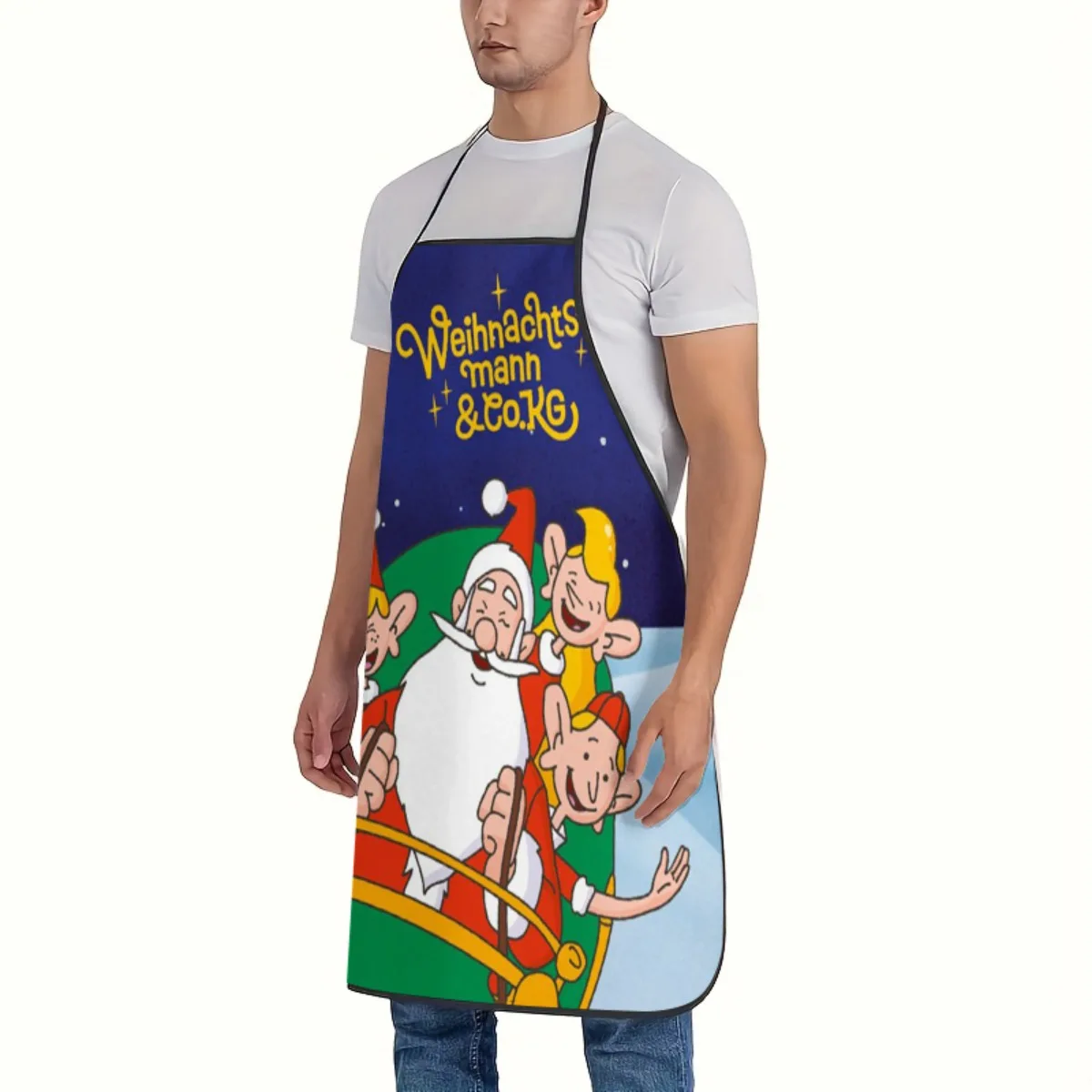 Cartoon Santa & Elves Christmas Print Apron, Durable Stain‑Proof Kitchen Apron for Home Baking, Xmas Party, Holiday Decor
