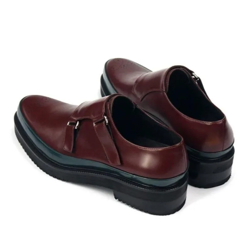 Men Genuine Leather Monk Strap Shoes Brogue Perforated Toe Thick‑sole Gothic Punk Business Party Formal Dress Loafer Shoes