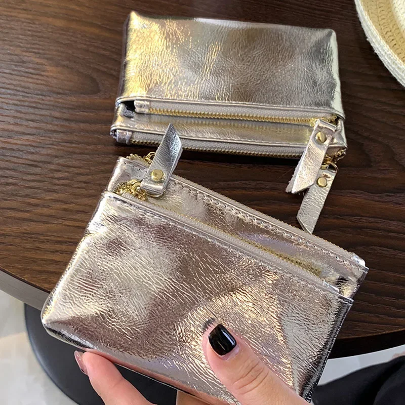 Clutch Mini Coin Purse for Women Genuine Leather Small Silver Money Wallet Credit Card Cash Holder Female Storage Bags Pouch