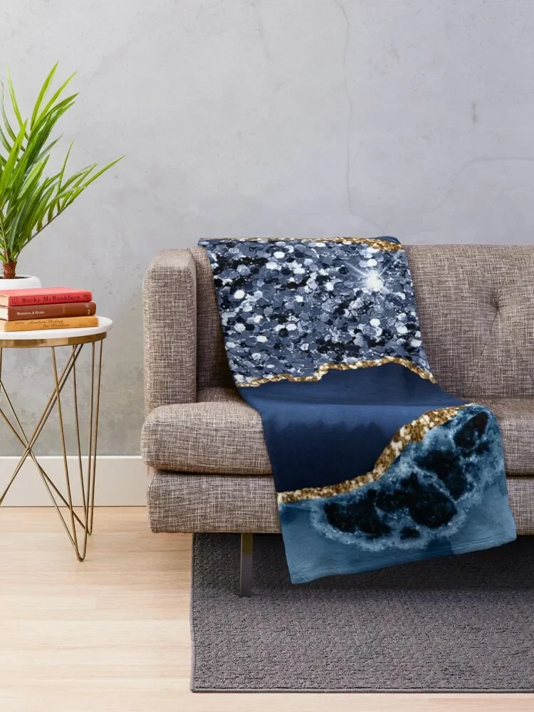 Abstract Blue and Gold Glitter Modern Geode Agate Throw Blanket Vintage Thin manga Blankets