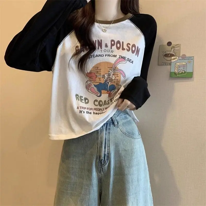 Retro Raglan Sleeve Letter Printed Round Neck Long Sleeve T-Shirt Women's Loose Versatile Design Top