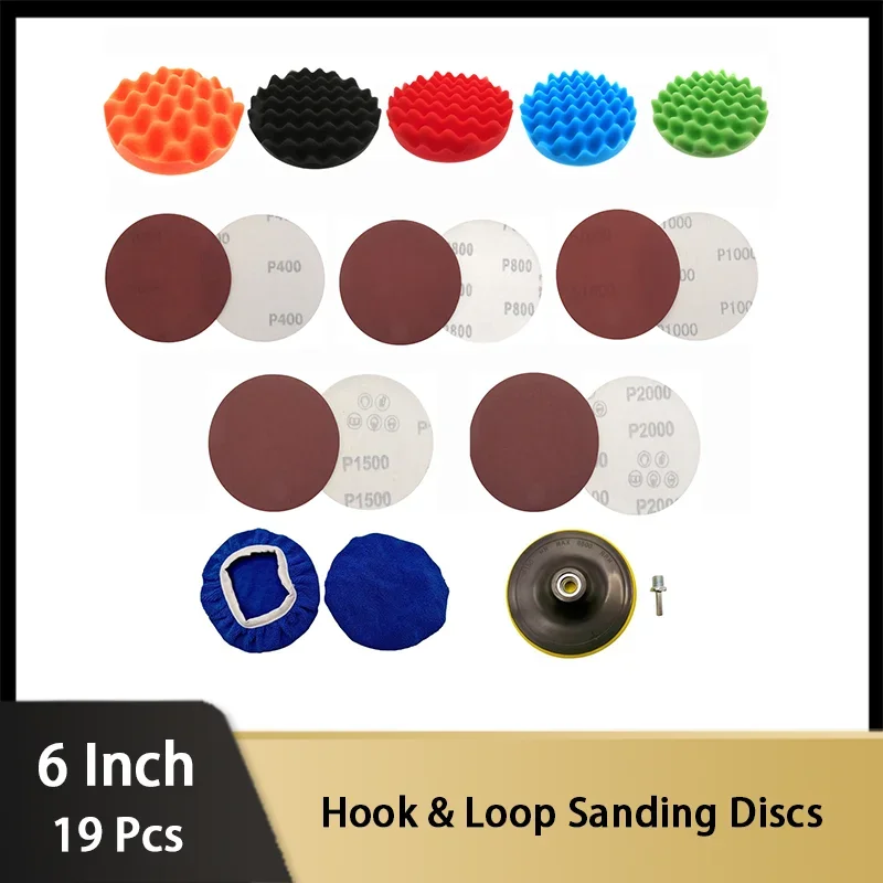 6Inch 150MM Buffing Sponge Pads Kit 19Pcs with Hook and Loop Sanding Pads 400 to 2000 Grit Sandpaper Microfiber Polish Bonnets