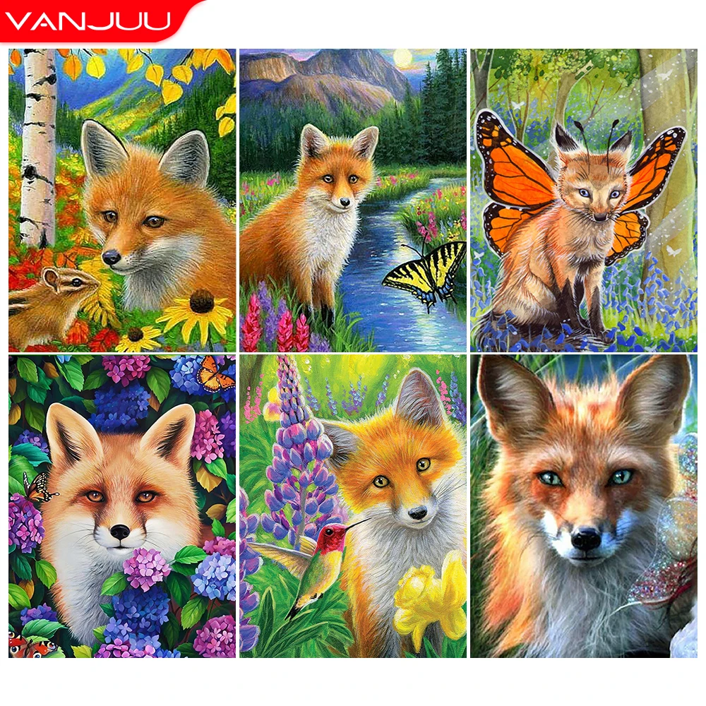 Fox Flower Diamond Mosaic Animals Full Round Diamond Painting Cross Stitch Kit 5D Rhinestone Pictures Wall Art