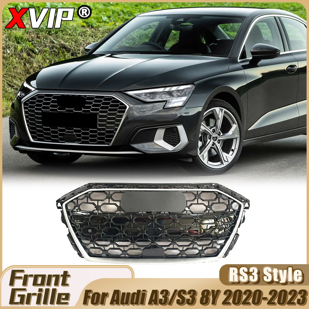 

XVIP Silver Frame RS3 Style Racing Grille With Chrome Ring For Audi A3 S3 8Y Facelift 2020-23 ABS Upper Grill Tuning Accessories