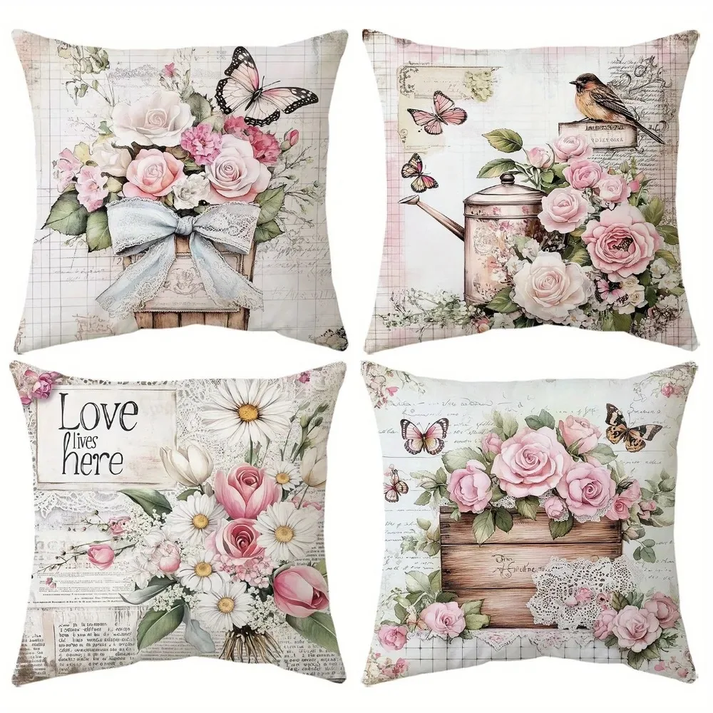 Juego  4 Fundas Vintage Boho Rústico - Rosas Rosadas, Margaritas, Hortensias y Fundas  Almohada Shabby Chic con Patrones