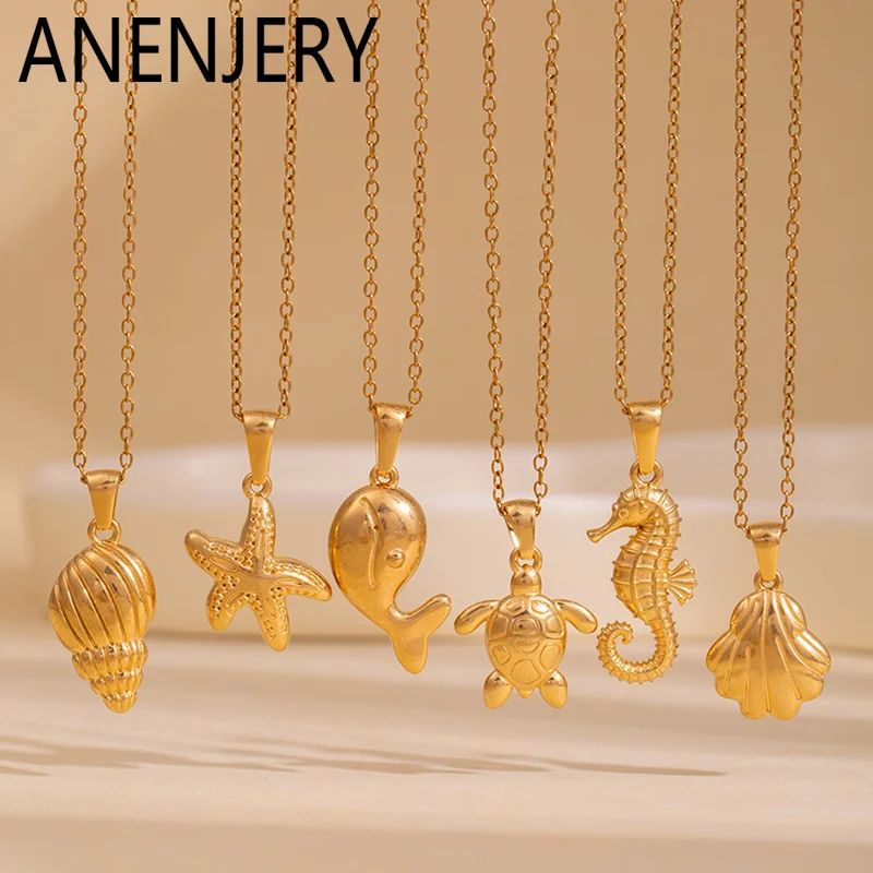 ANENJERY 316L Stainless Steel Starfish Seashell Irregular Necklace For Women Simple Temperament Jewelry Gifts Wholesale
