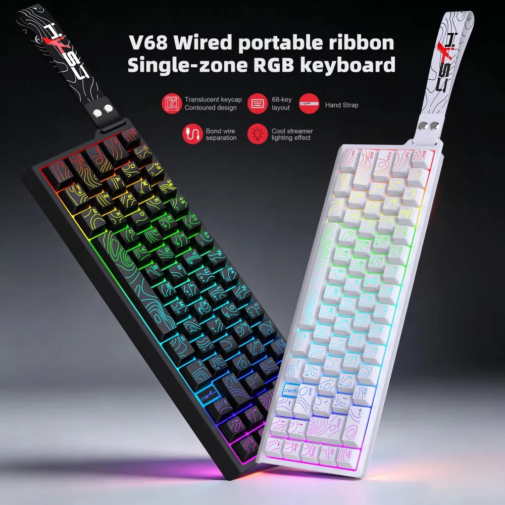 V68 68 Keys Compact Wired Membrane Gaming Keyboard Mechanical Feel RGB Backlit Detachable Type C Contour Keycaps for Laptop Mac