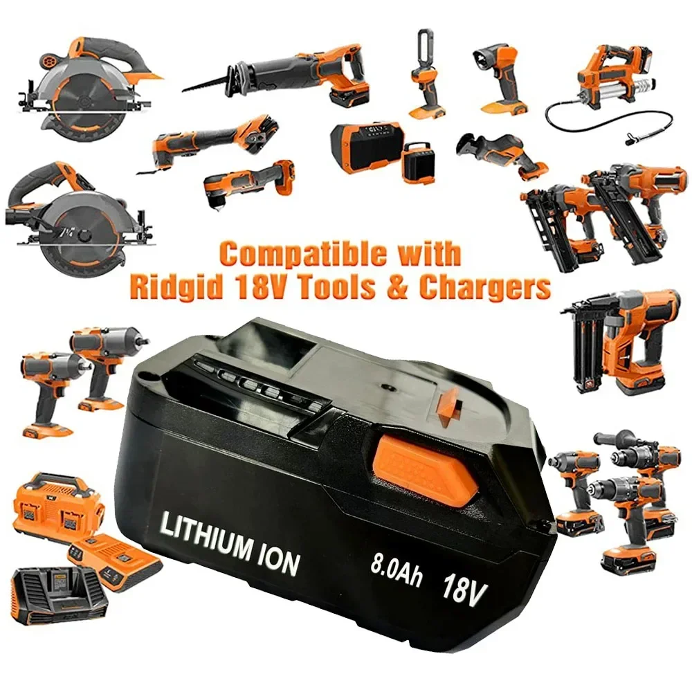 

18V For AEG Battery 8.0AH Lithium Ion Battery for RIDGID R840087 R840085 L1815R L1850R L1830R R840083 Cordless Power Tool Series
