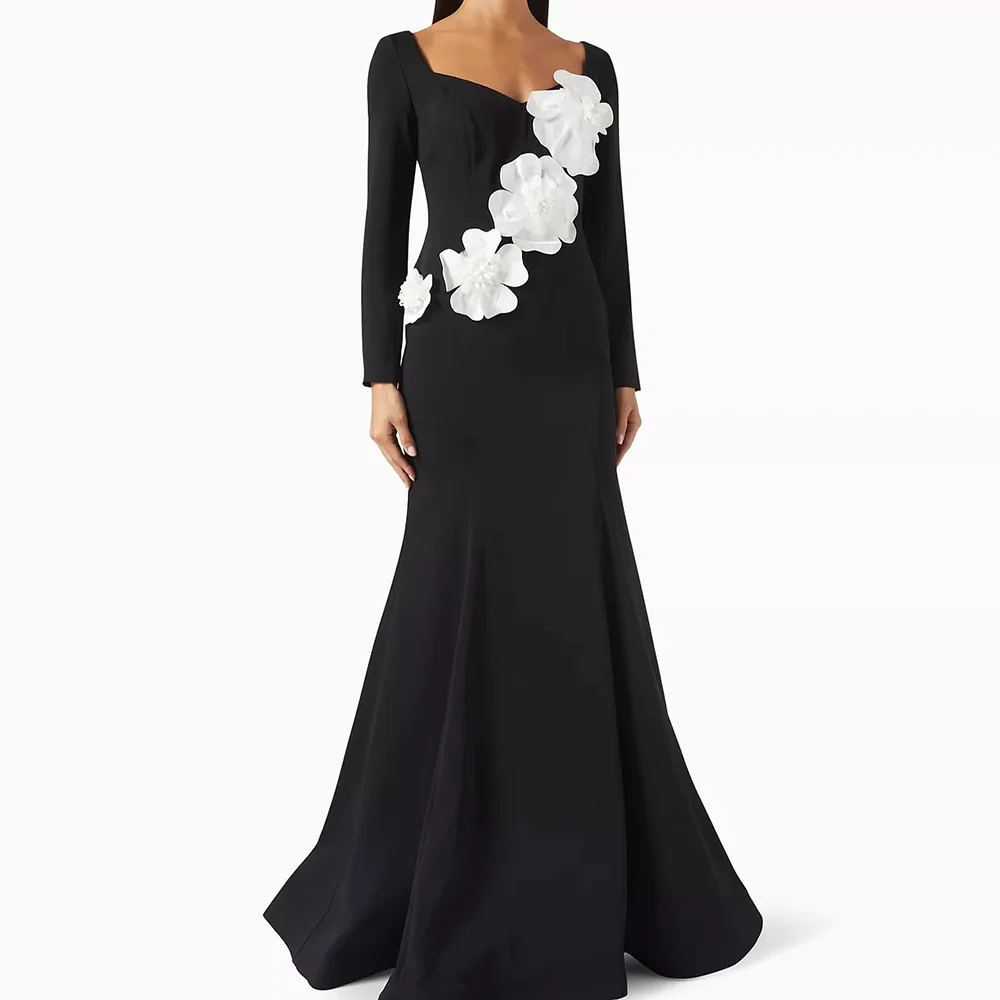 

Black Jersey Evening Dress Sweetheart Neck Long Sleeves Applique Mermaid Evening Gown Long Formal Party Dresses Customized