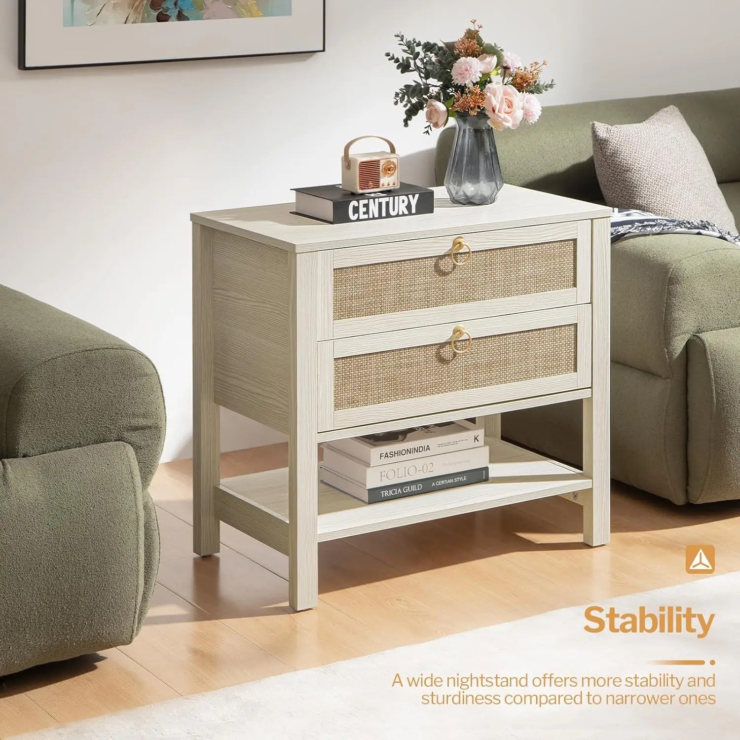 

White Night Stand Set of 2, Large Nightstand with Drawers and Storage Shelf - Rattan Boho Bedside Table Narrow Side Table