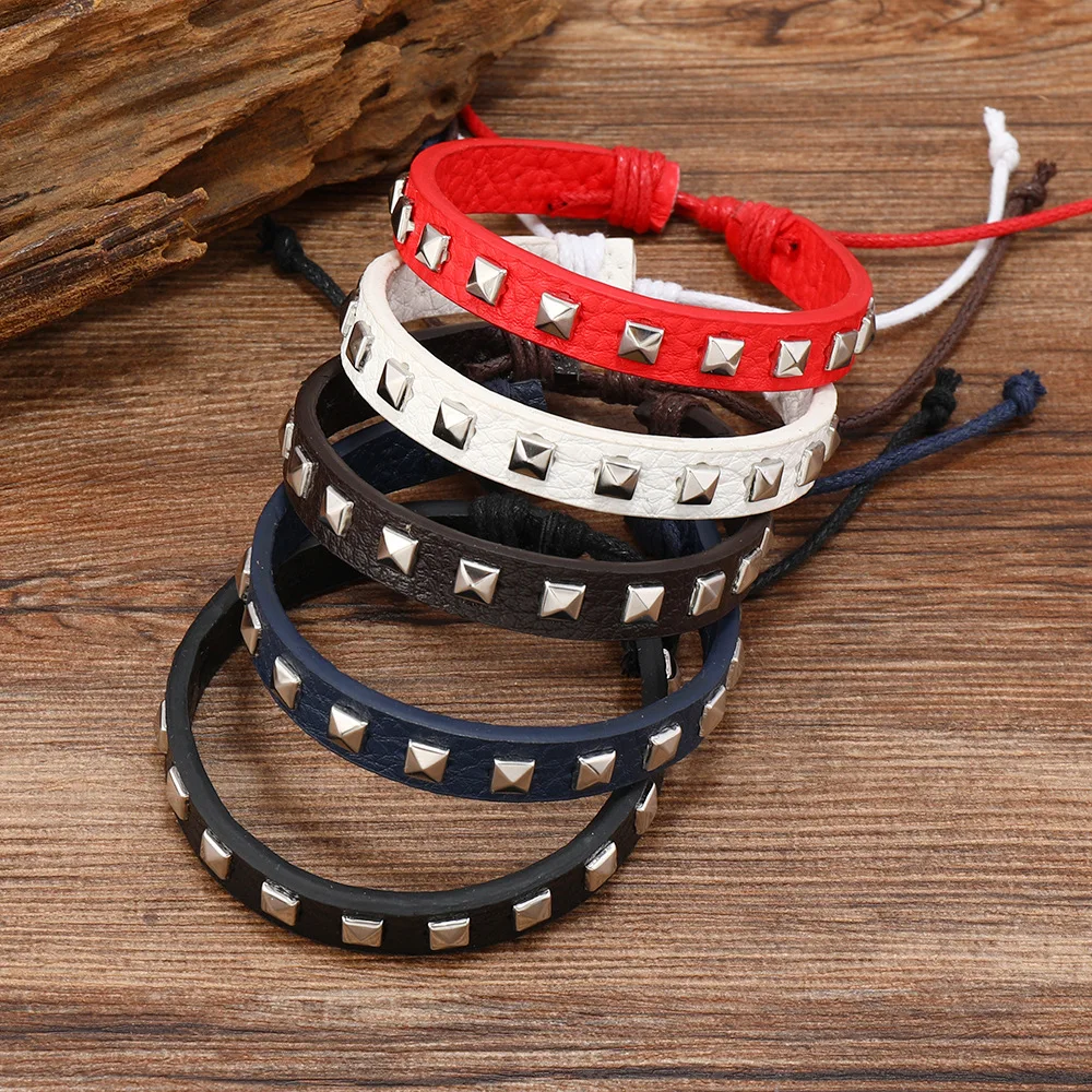 Men's Studded Leather Bracelet Adjustable Rivet Wristband Punk Rock Biker Cuff Vintage Casual Jewelry Gift for Men & Women Teens