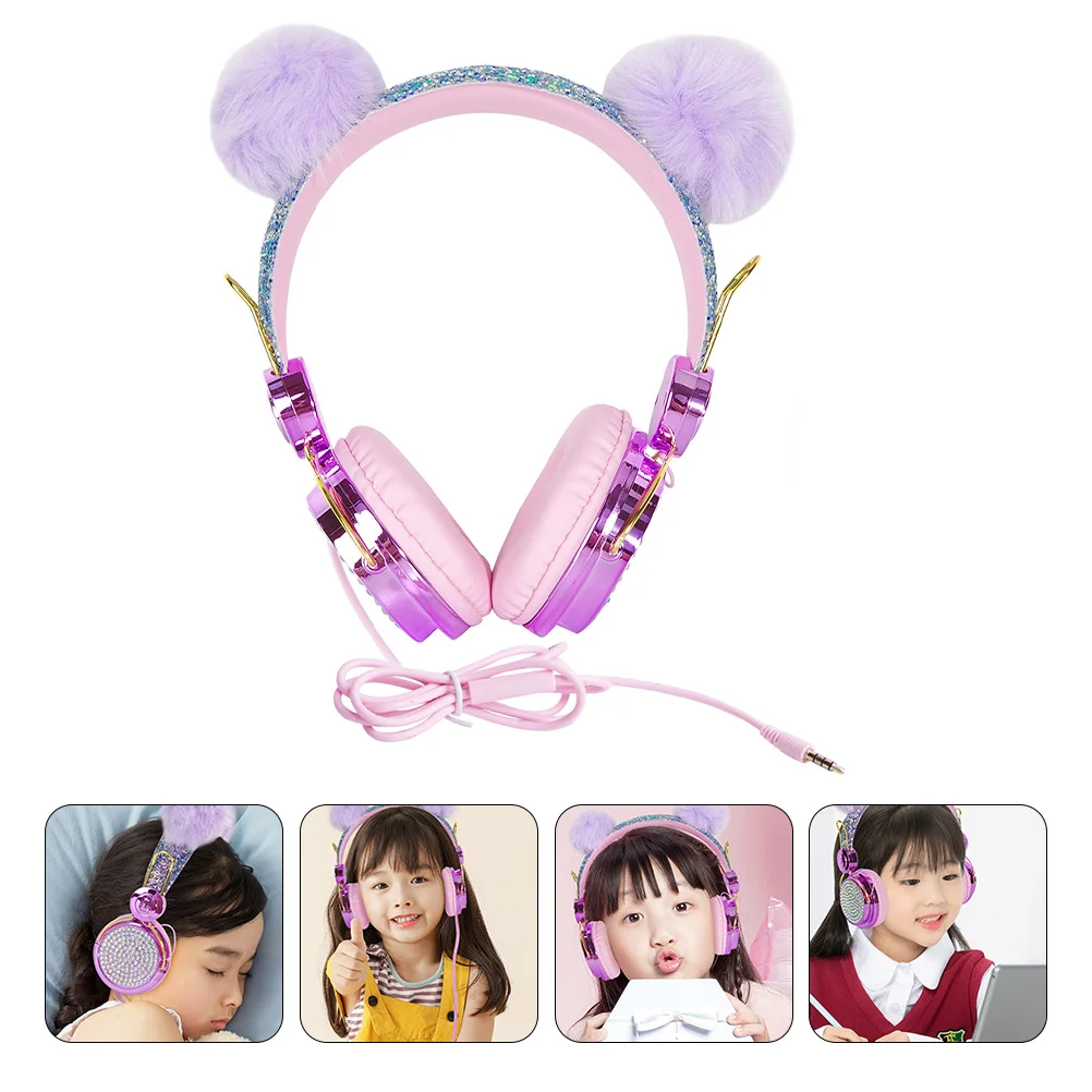 Headphones for 3.5mm Connection Furry Ball Rhinestone Glitter Adjustable Band 85Db Max Volume Headset for Phone