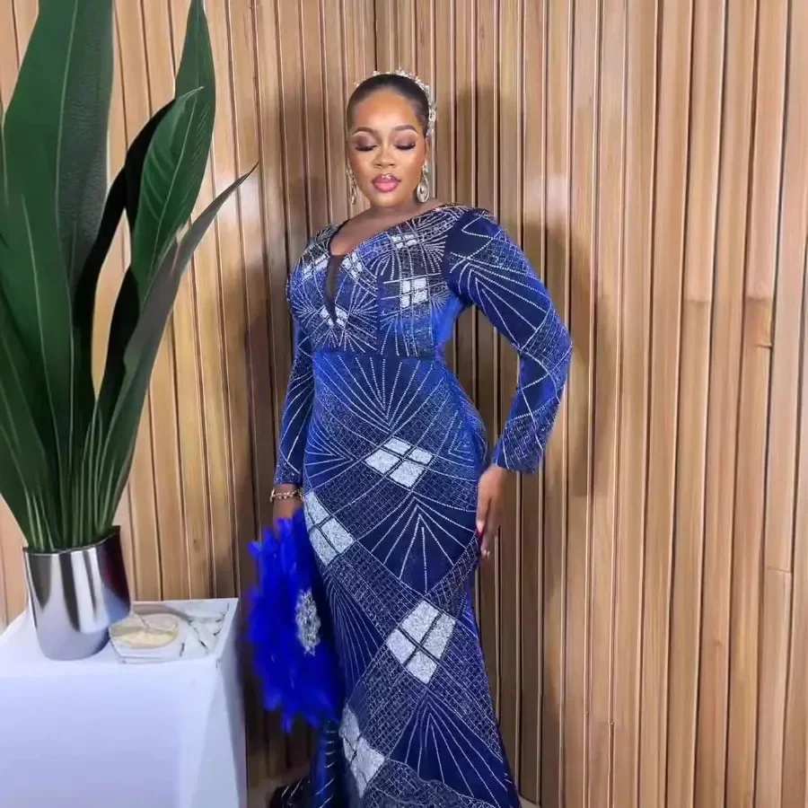 Африканские свадебные платья с блестками для женщин, весенние африканские платья с длинными рукавами и v-образным вырезом, длинные платья макси, Дашики, африканская одежда