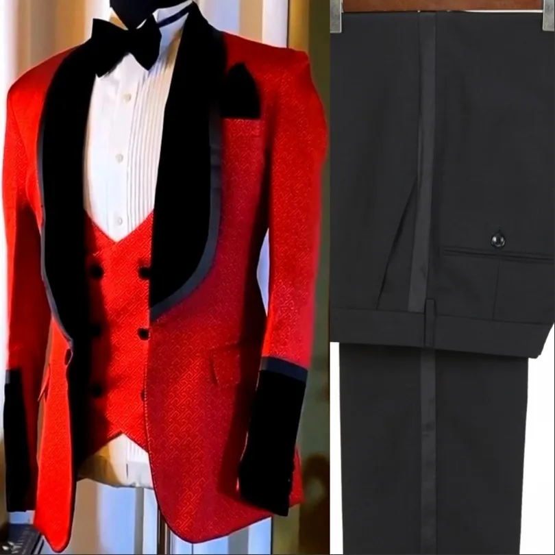 

Custom Made Groomsmen Red/Black Tuxedos Shawl Lapel Men Suits One Button Wedding 2 Piceces ( Jacket + Pants + Vest ) D534