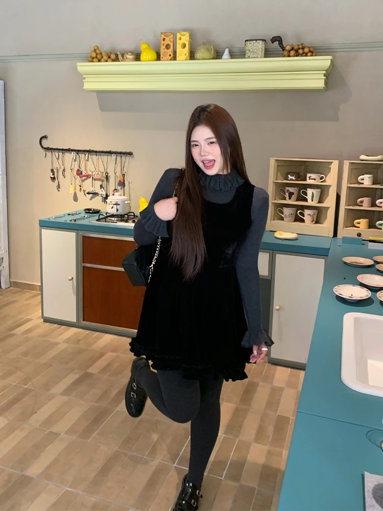 

Черный бархатный жилет для женщин больших размеров, зимний, модный, милый, с деревянными элементами, короткая юбка из полиэстера, повседневный стиль