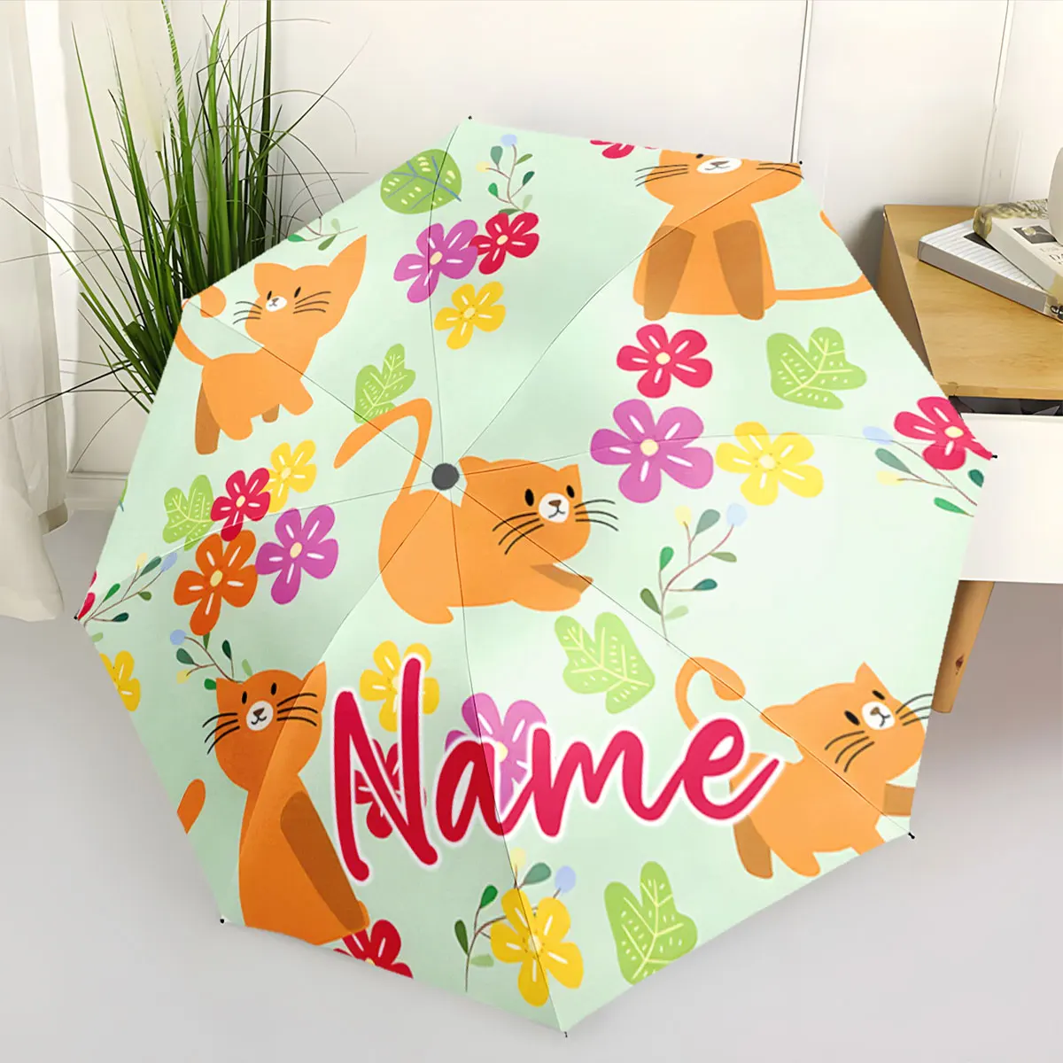Custom Name Cute Cat Pattern Umbrella with Floral Design Print 8 Iron Ribs Folding Umbrella Auto-Open Fashion Sunshade