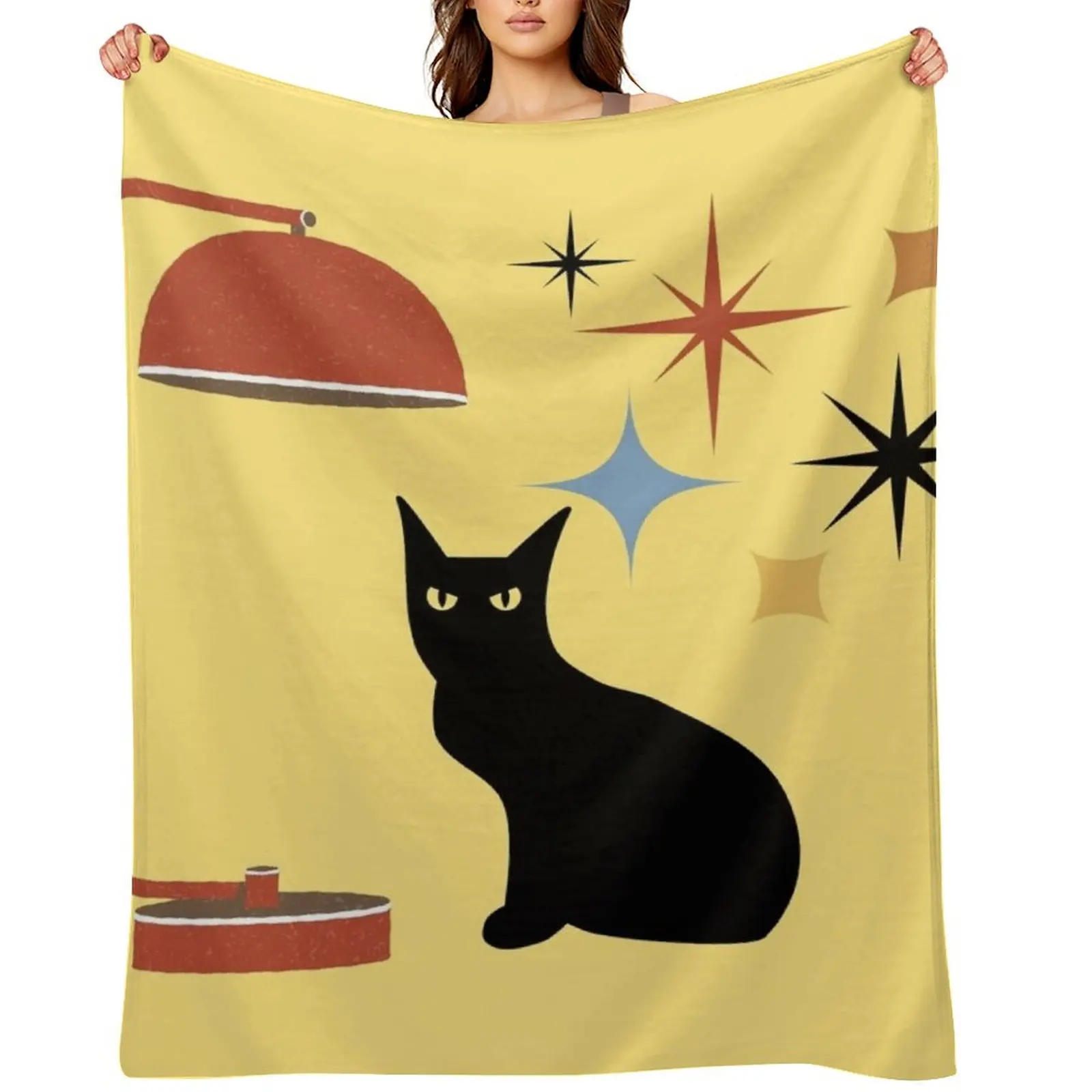 

Retro Mid Century Atomic Black Cat, Mid century cat,retro atomic cats, Throw Blanket warm winter Designers Plush Thins Blankets