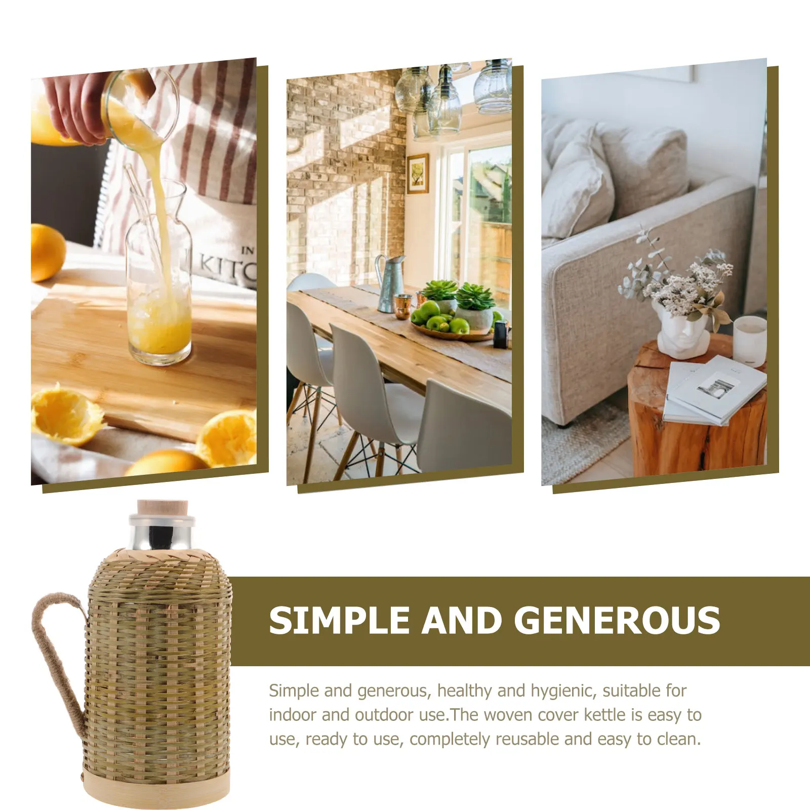 

1pcs Bamboo Woven Kettle 1.3L White Glass Liner Retro Home Office Insulated Water Home Thermal Kettle Bottle