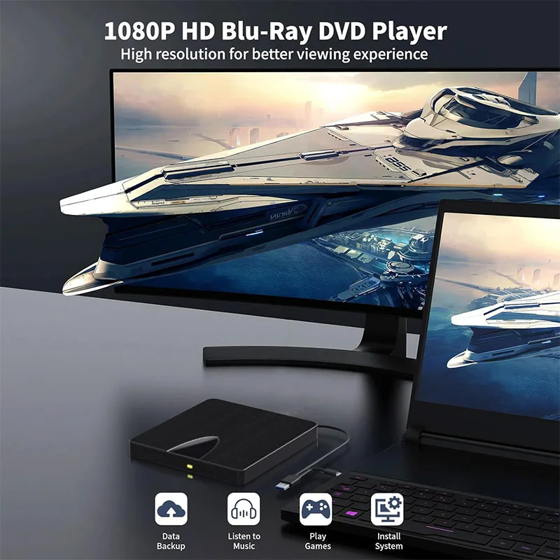 External Blu ray Drive USB3.0 Type-C Blu Ray CD DVD Player Reader Optical Drive for Laptop PC Windows 10 11 Mac OS