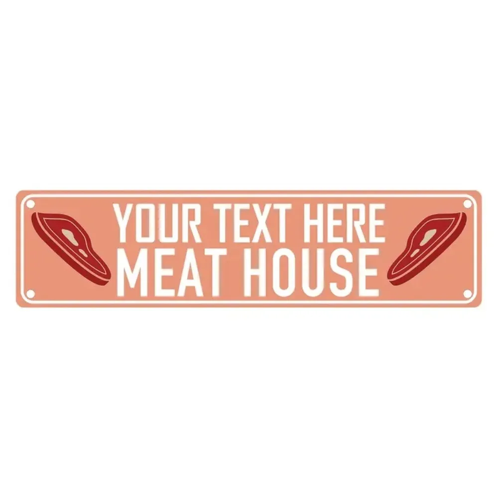 [2D Flat] Waterproof Coral Pink Steak Wall Plaque 40×10cm Custom Text Backyard BBQ Outdoor Decor (Only Decoration)