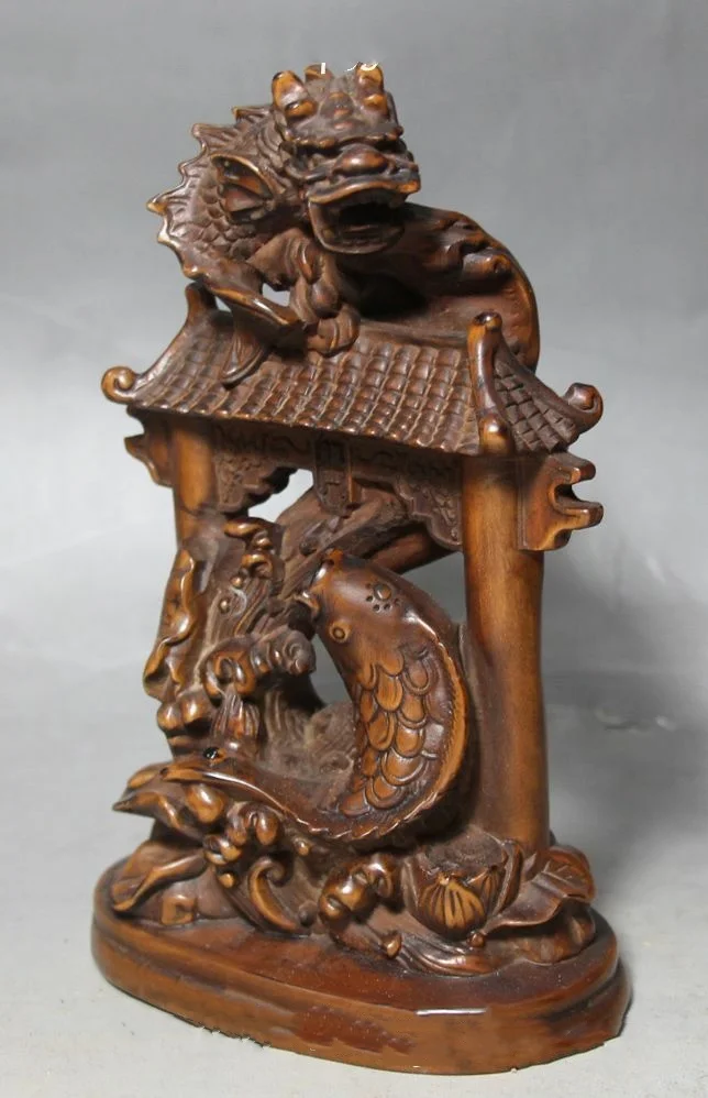 Chinese Collect Exquisite Boxwood Carving Door Gate Lotus Flower Dragon Loong Fish Animal Statue