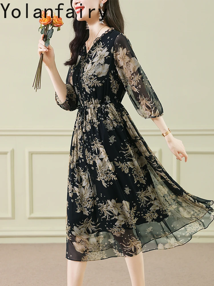 YOLANFAIRY 100% فستان حريري التوت الحقيقي للمرأة الصيف ضوء فاخر أنيق فستان زهري فساتين عطلة طويلة ملابس حريمي