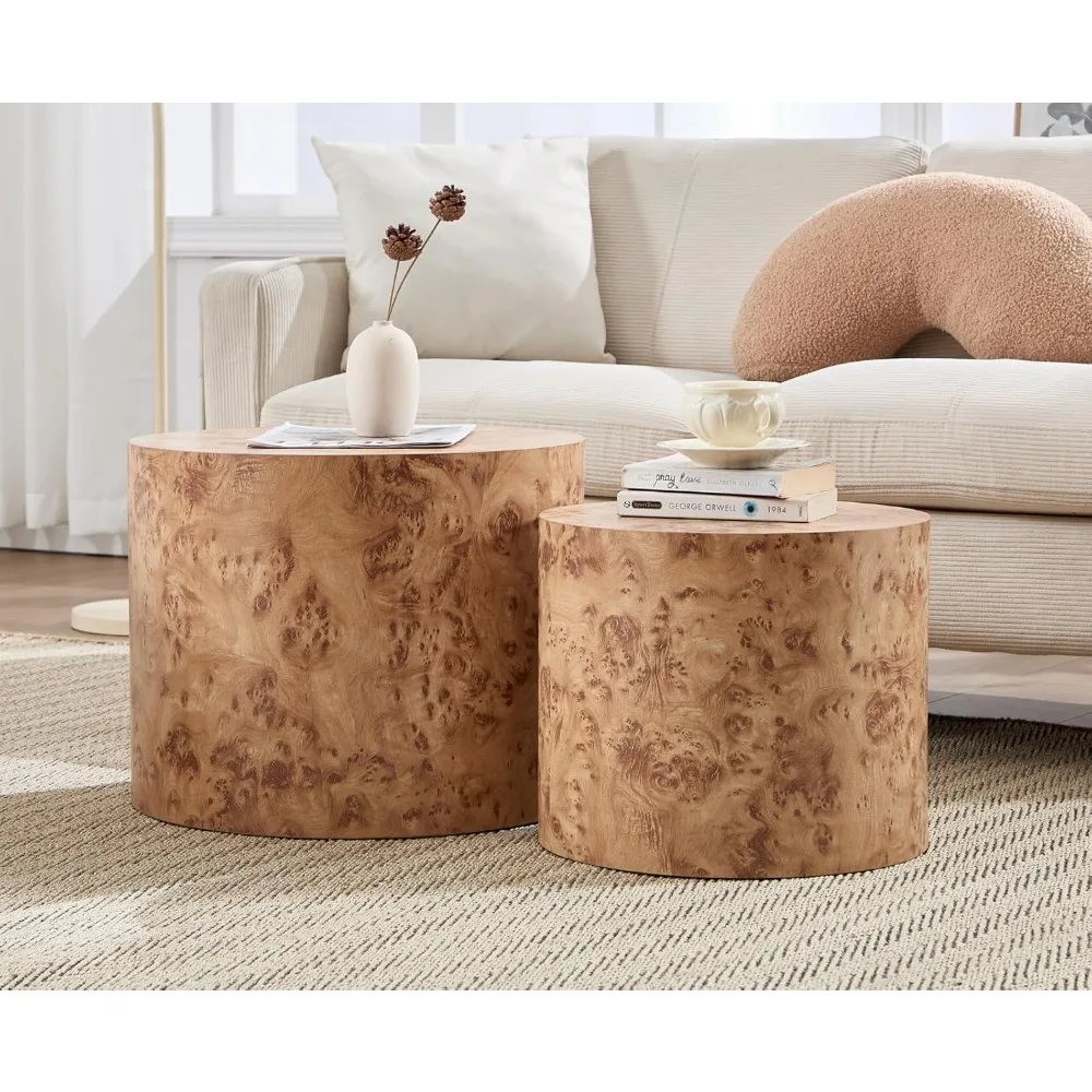 

Modern Circular Travertine Nesting Coffee Table Set of 2, Burl Wood Side Tables for Living Spaces