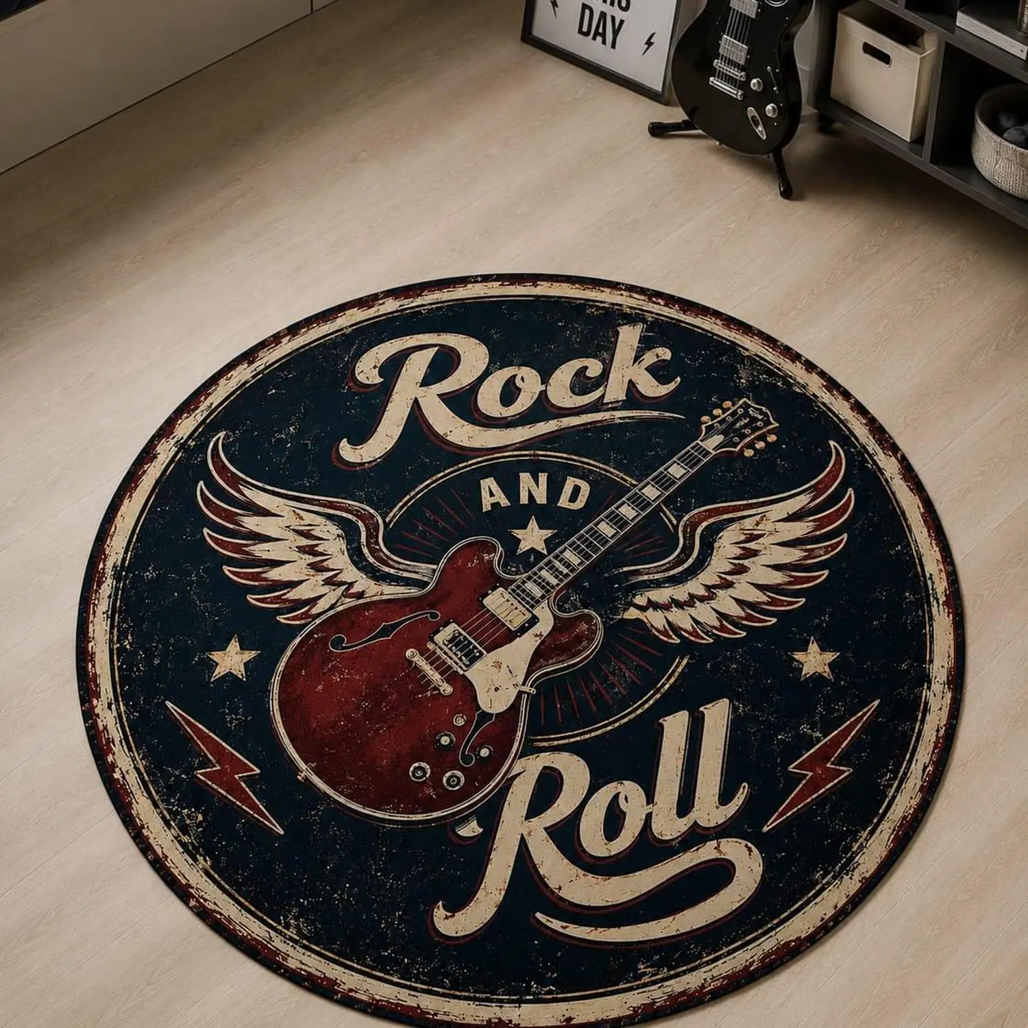 【Room Decor Carpet】Vintage Rock Round Carpet, Electric Guitar Decor, Washable Music Room Carpet, Gift for Men's Exclusive Space