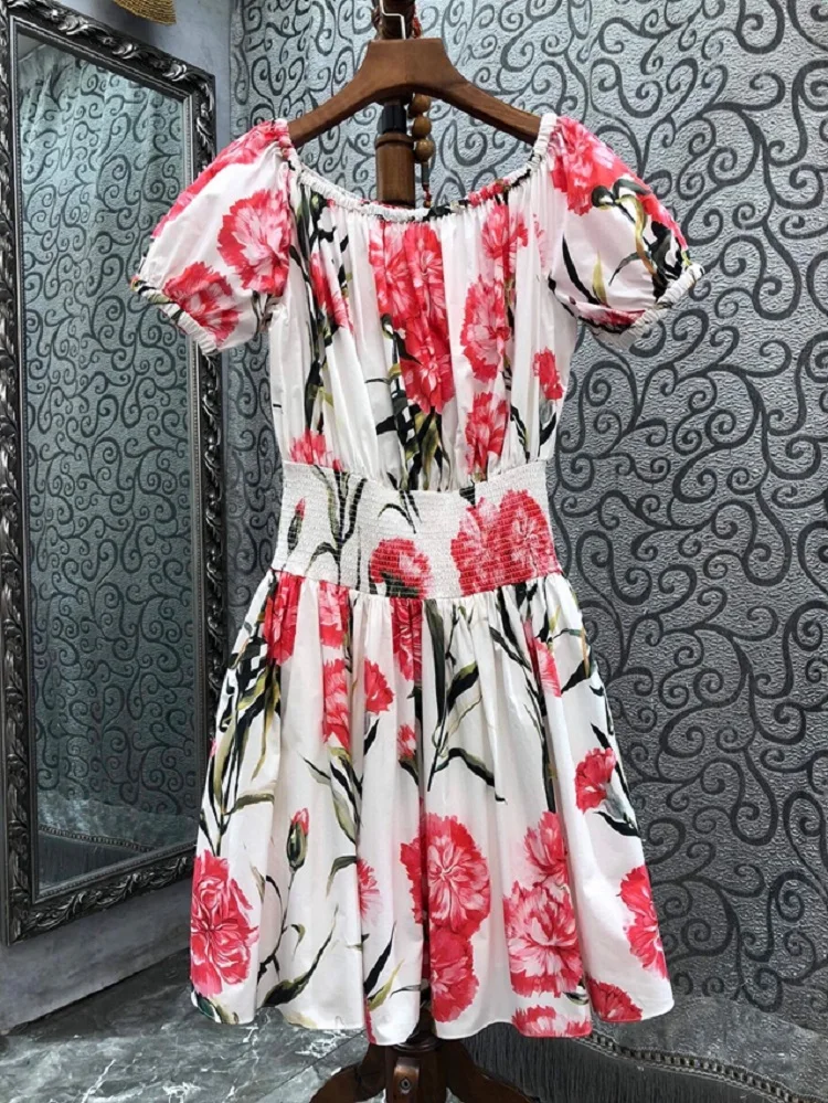 

100%Cotton Dress 2023 Summer Style Women Sexy Slash Neck Red Floral Prints Elastic Waist Short Sleeve Slim Fit & Flare Dress