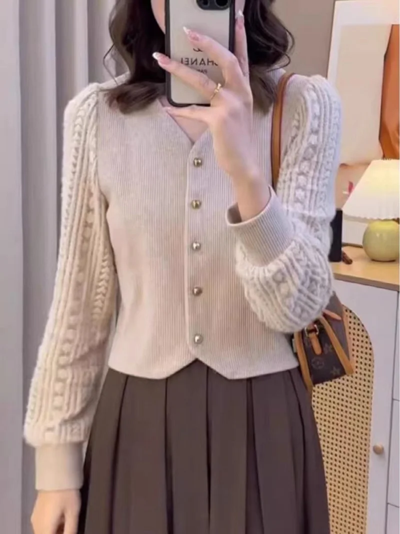 

Элегантный вязаный свитер для женщин с длинным рукавом и кружевом с ажурным подолом, универсальный базовый топ, осенне-зимняя офисная повседневная одежда w1850