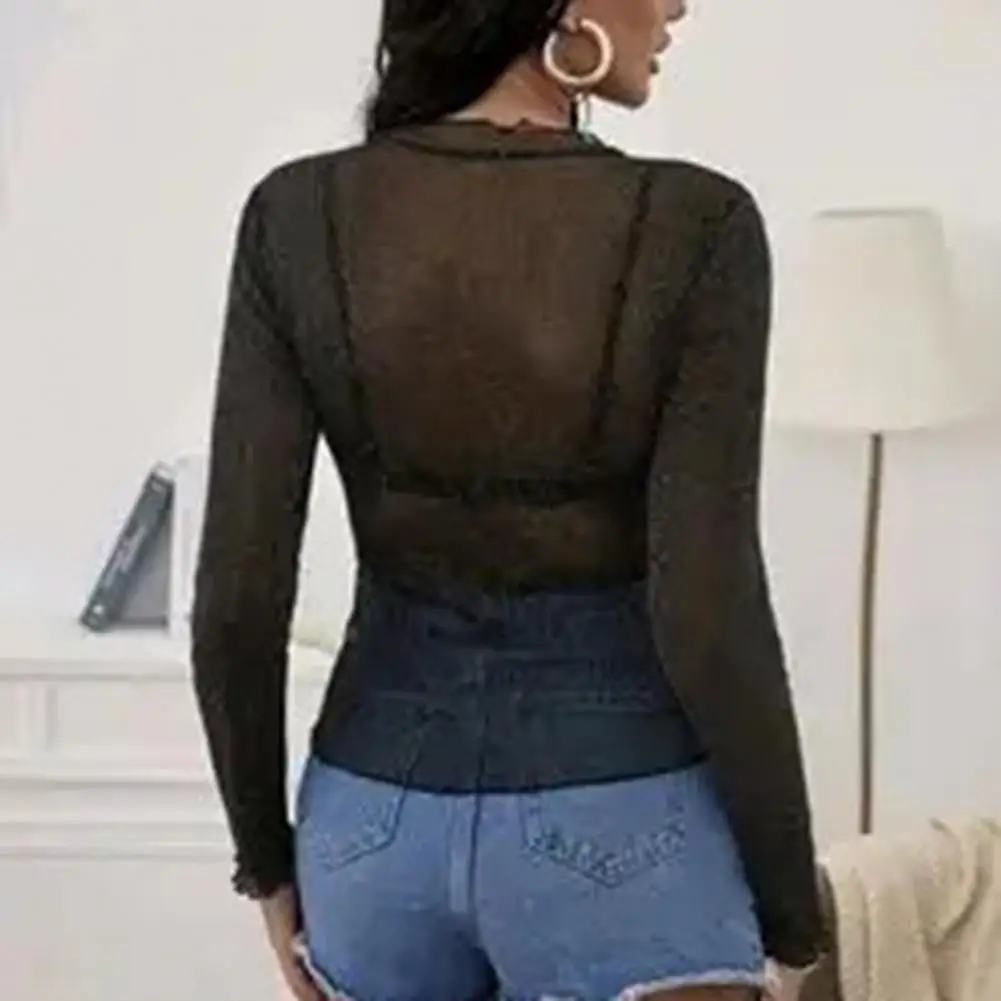 

Women Lace Top Elegant Lace Half-high Neck Long Sleeve Top with Mesh Yarn Bottoming Women's Solid Color See-through for Stylish
