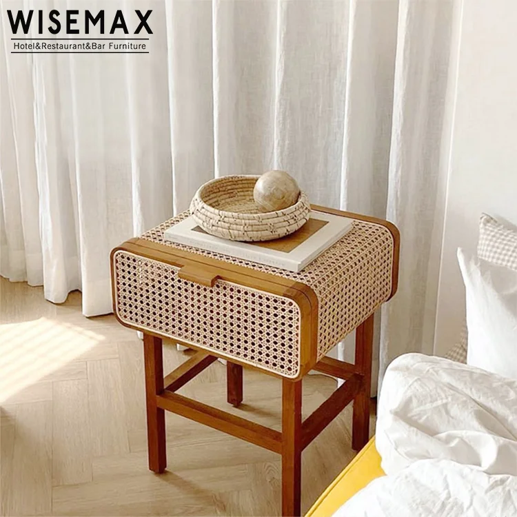 

Solid Wood Beside Table Rattan Side Coffee Table With Storage Night Stand For Bedroom