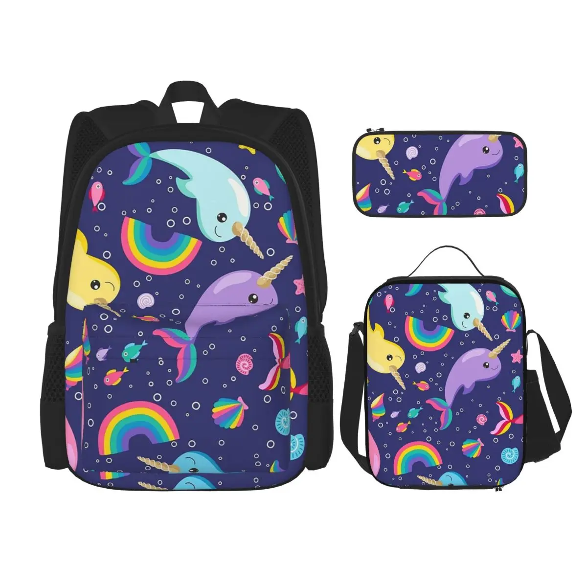 Rainbow Narwhals Under The Sea Blue Backpacks Boys Girls Bookbag School Bags Rucksack Lunch Bag Pen Bag Three-Piece Set