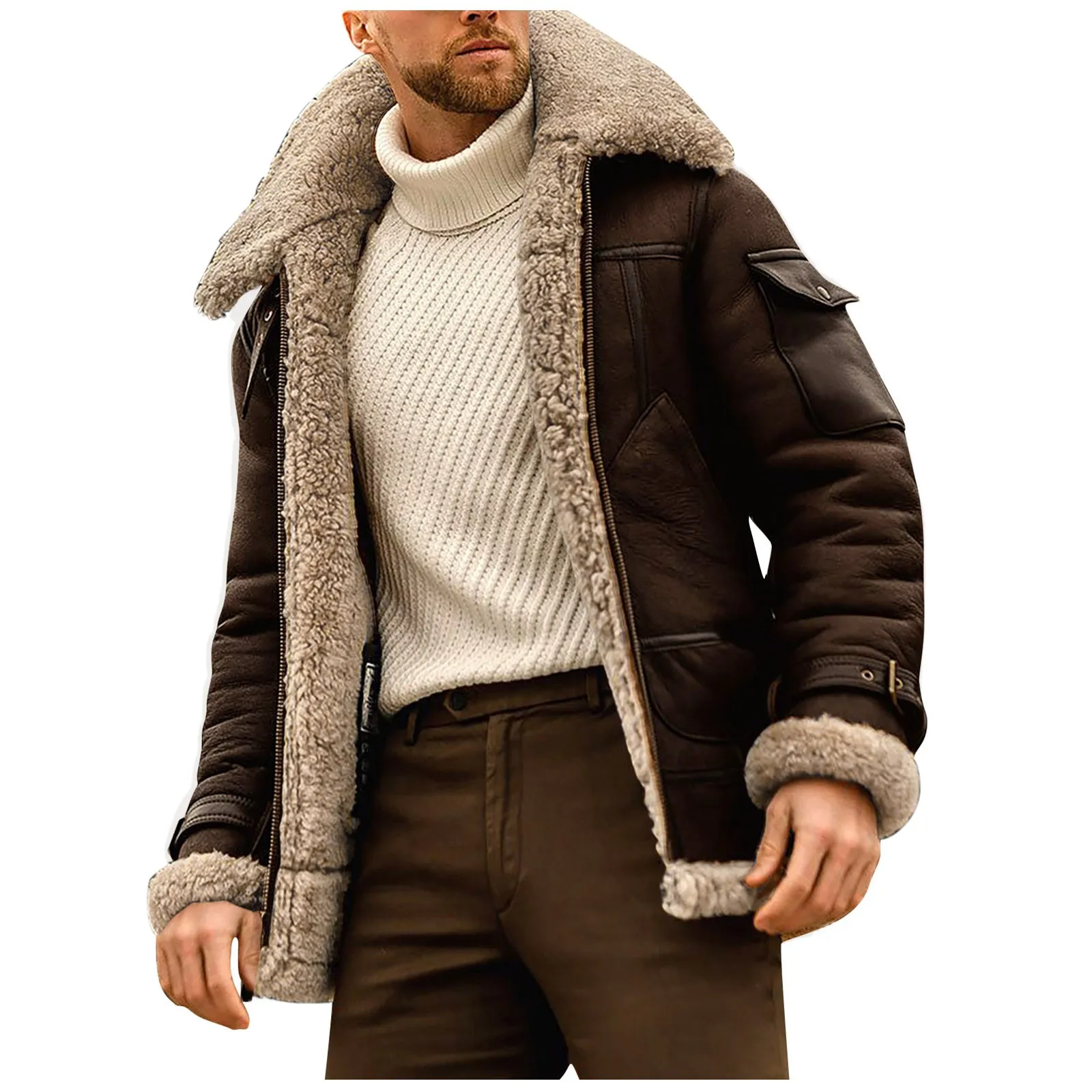 Mens Thickened Long Sleeves Coat Faux Leather Fleece Jacket Outerwear Lined Cotton Jackets Winter Coat Clothing Warm Windbreaker