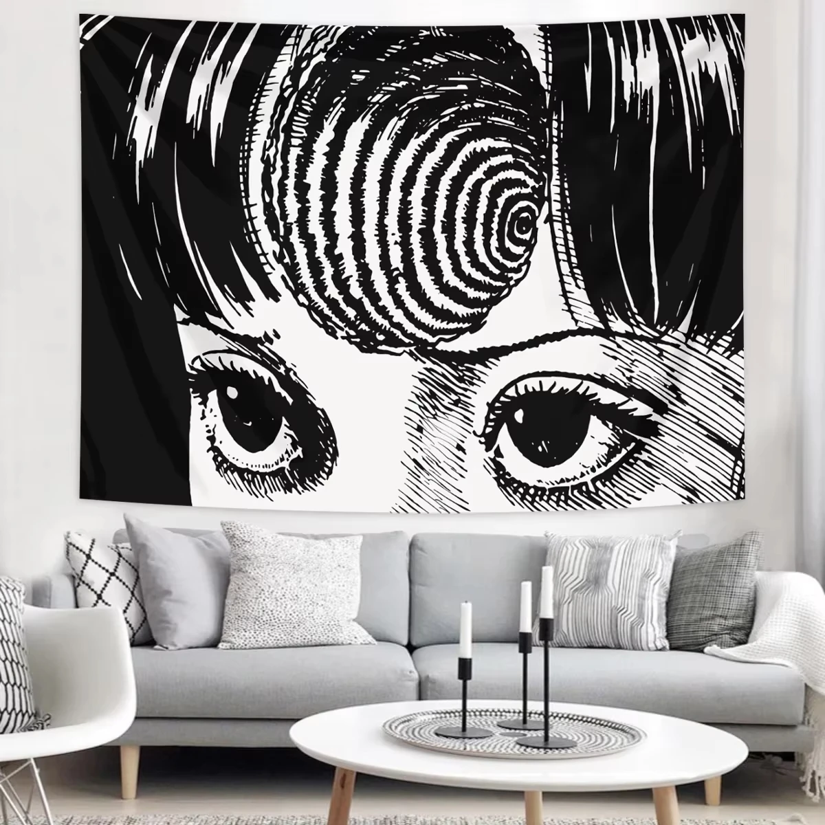 Black and White Horror Comic Tapestry with Hypnotic Eyes Gothic Room Decoration Bedroom Decorative Wall Tapestry