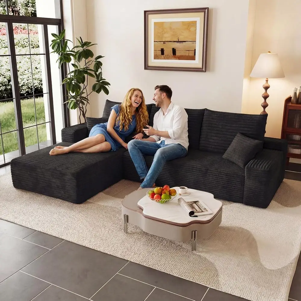 

Угловой секционный диван-кровать L-образной формы с оттоманкой, глубокое сиденье, обитый тканью, для гостиной или спальни, не требует сборки (B)